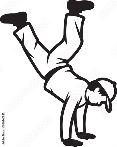 Young man doing breakdance handstand black and white outline silhouette image