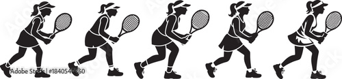 Group of six female tennis players in various poses black and white silhouette