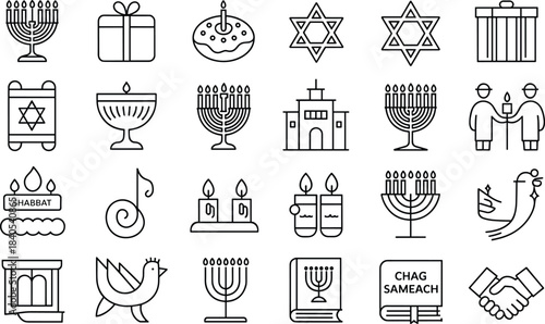 Jewish holiday symbols and icons line art menorah star of david