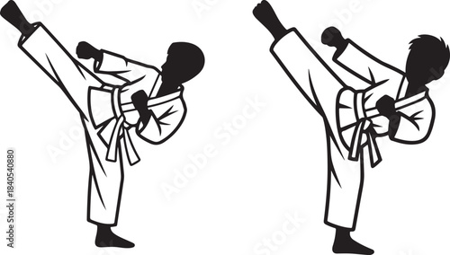 Two karate fighters kicking in profile black and white and silhouette
