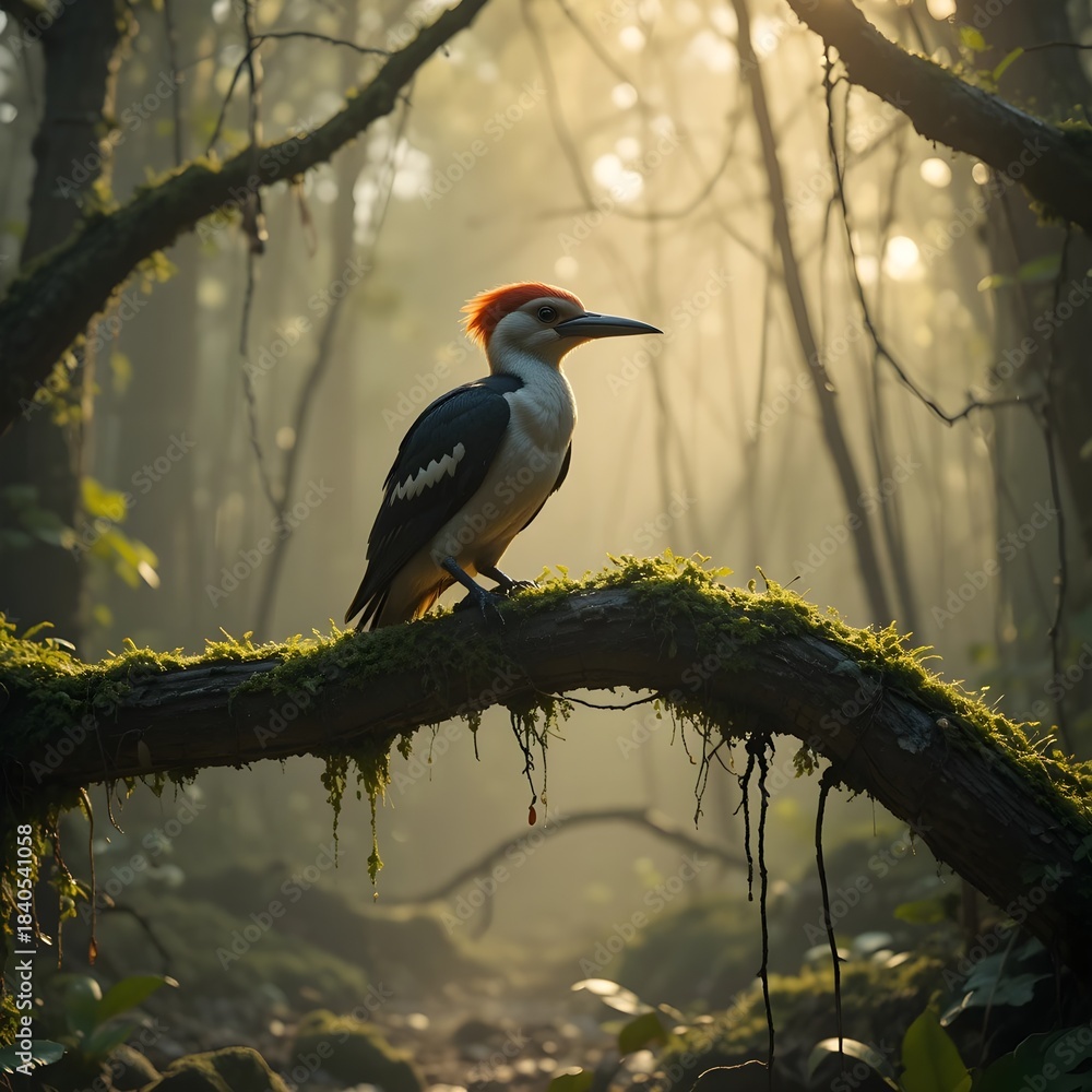 Fototapeta premium Red-Crested Woodpecker in Sunlit, Misty Forest
