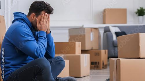 A person overwhelmed by the stress of moving, sitting amid packed boxes with their face in their hands. Feeling the weight of change and transition during the relocation process.