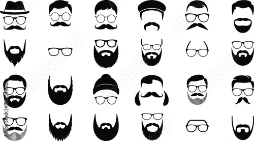 Black and white illustration set of men faces with beard, mustache, glasses, hipster style collection, modern minimalist design