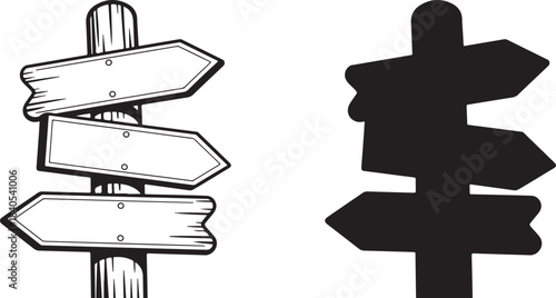 Wooden signpost with three blank arrows pointing right in outline