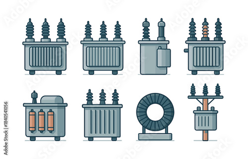 Electric transformer collection, power, grid, flat vector illustration