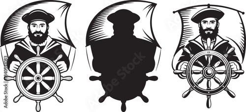 Bearded captain at ships helm with flag in outline and solid silhouette versions nautical theme