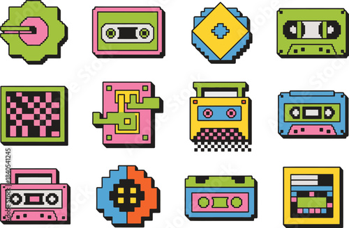 Retro pixel cassette tape icons in vibrant neon colors isolated on white background, nostalgic 8-bit style design for music, vintage media, gaming and digital illustration purposes
