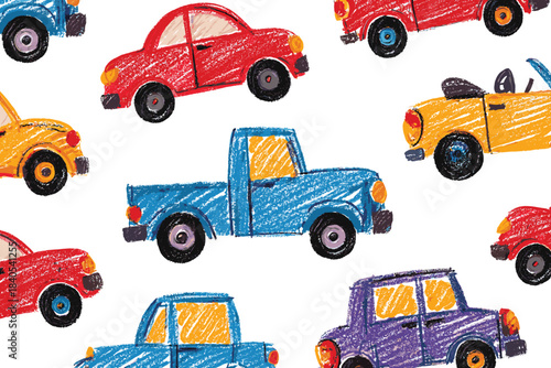 Vibrant and playful crayon drawing of a variety of colorful cartoon cars and trucks arranged in a whimsical pattern on a white background