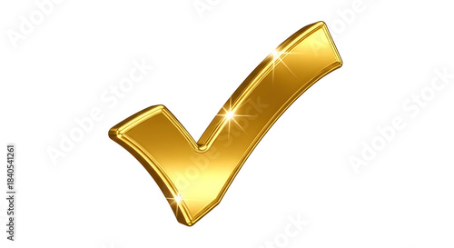 Shiny golden check mark symbol with sparkling highlights on a black background representing success and approval