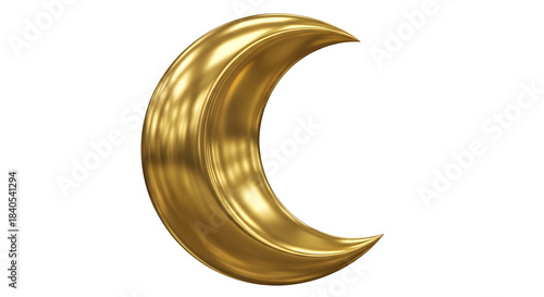 Abstract golden crescent moon shape with metallic texture and reflections on a black background