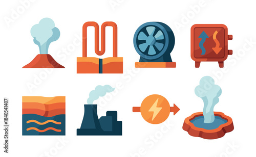 Geothermal energy icons, power, hot springs, flat vector illustration