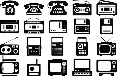 Retro vintage technology icons featuring old telephones, radios, typewriters, cassette players, floppy disks, and televisions. Perfect for nostalgia themes, history projects, retro branding, and class