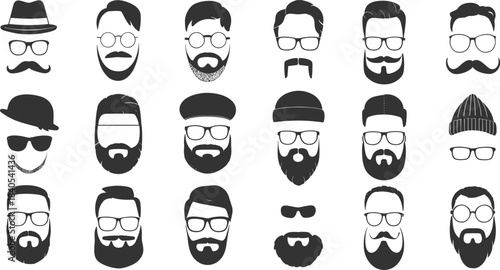 Black and white illustration set of men faces with beard, mustache, glasses, hipster style collection, modern minimalist design