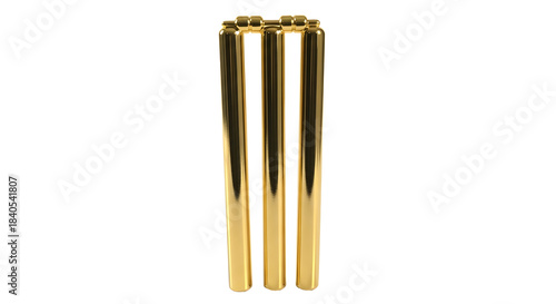 Three golden cricket wickets stand tall against a stark black background symbolizing the sport and competition