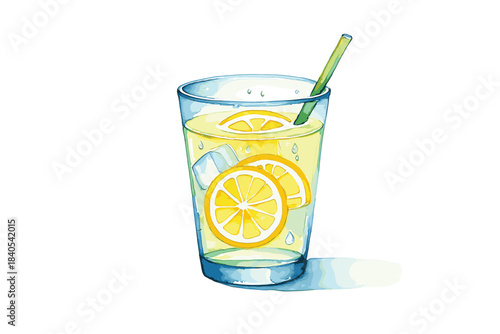 Refreshing watercolor illustration of a tall glass filled with ice cold lemonade and sliced lemons with a straw