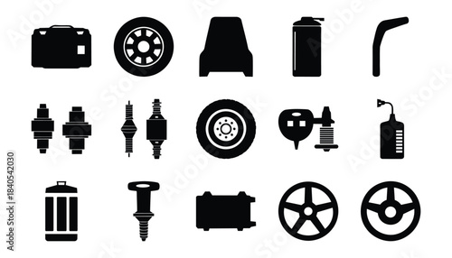 Collection of car parts and tools icons in silhouette style