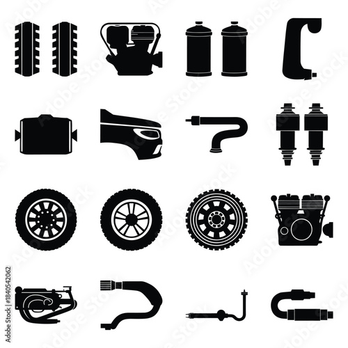 Collection of black and white silhouette icons representing various car parts and automotive components