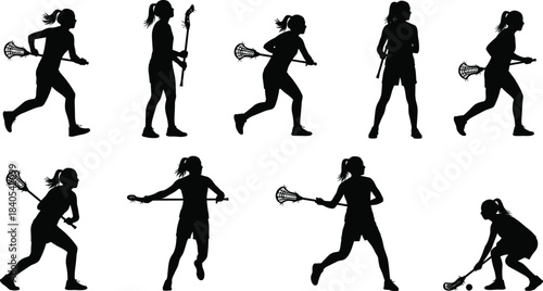 Collection of Dynamic Female Lacrosse Player Silhouettes, Black and White Vector Illustration of Women Athletes Running, Shooting, and Dodging with Sticks, Sports, Fitness
