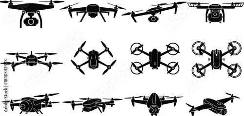 Comprehensive Set of Quadcopter, UAV, and Remote-Controlled Aircraft Icons for Design, Technology, and Aerial Photography Projects, Cad Drawing Flat Vector Illustration