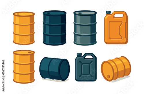 Oil barrel and canister set, flat vector illustration, fuel drums collection