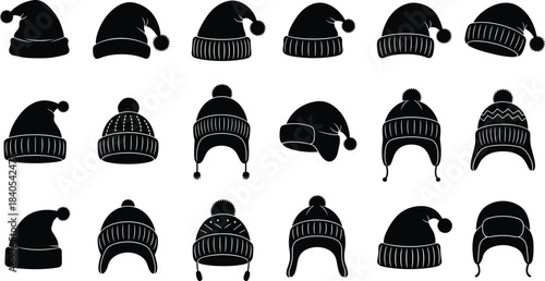 Collection of Various Winter Headwear Silhouettes Including Traditional Santa Claus Hats, Knitted Beanies, and Ushanka Style Caps, Ideal for Seasonal Design Projects and Holiday Graphics