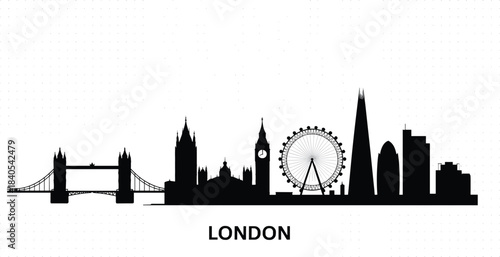 Black and white London city skyline silhouette featuring Tower Bridge, Big Ben, London Eye, and modern architectural landmark buildings