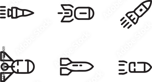 Rocket Line Art Icon Set, Simple Space Missile Outline Symbols
