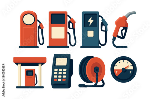 Gas station vector illustration, pumps, fuel dispenser, flat vector style