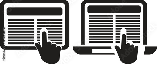 Touchscreen scrolling gesture vector icon set – finger swipe interaction on tablet and laptop screens for apps, web pages and user interface design