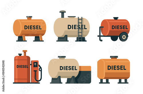 Diesel fuel tanks, pumps in flat vector illustration design, industrial icons