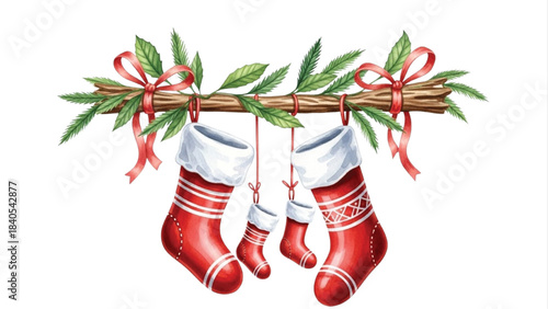 Christmas Stockings Garland for Family of Four with Pine Branch, Red Bows and Festive Holiday Decoration, Watercolor Illustration
