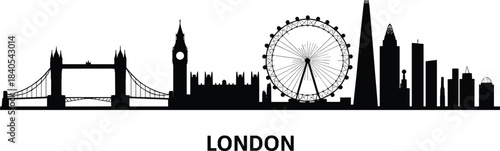 Black and white London city skyline silhouette featuring Tower Bridge, Big Ben, London Eye, and modern architectural landmark buildings