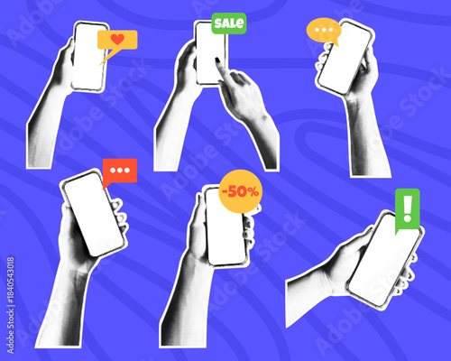 Retro phone in hand. Pop art halftone collage with speech bubble. Vintage mobile sticker design. Grunge communication icon. Special offer. Nostalgic dot. Vector garish trendy isolated illustration set