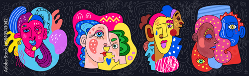 Abstract face. Cubism art. Colorful pattern of poster. Canvas artwork. Composition painting. Man and woman sketch. Couple heads. Color print. Modern eyes elements set. Vector face tidy fragmentation