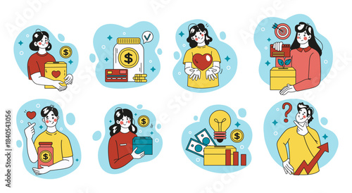 Money charity contribution. Character revenue growth. People are raising financial support. Investor for startup. Business fundraising. Businessman with cash box. Vector tidy donation concepts set