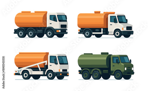 Tank truck collection, fuel, transport, flat vector illustration
