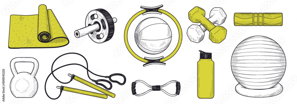 Obraz premium Hand-drawn home gym. Pilates equipment, fitness yoga mats. Sketch health sport decorative training elements, line graphics. Sport lifestyle. Dumbbells, rubber bands, and jump rope. Vector isolated set