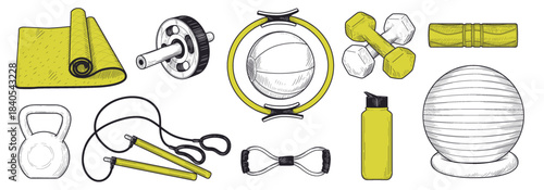 Hand-drawn home gym. Pilates equipment, fitness yoga mats. Sketch health sport decorative training elements, line graphics. Sport lifestyle. Dumbbells, rubber bands, and jump rope. Vector isolated set