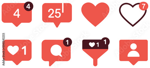 social media interaction icons, including likes, comments, follower notifications, and button graphics, designed for app interfaces, digital platforms, user engagement tools,  layouts, and modern 