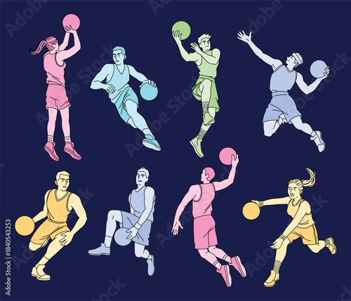 Action sport of ball. People playing basketball. Active athletes. Basket game. Competition of girls in different poses. Championship of men. Motion play, character jump. Vector cartoon illustration