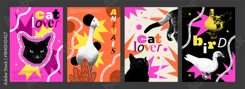 Pop art poster with cat. Halftone cartoon goose. Animals banners. Retro abstract bird. Vintage banner design. Abstract mammals from dots. Pets love. Doodle shapes. Vector fashion garish templates set