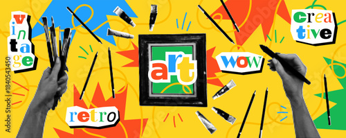 Collage art. Halftone hands with paints palette and brushes. Retro art tool. Pop art craft. Modern elements from dots for poster. Painter arm. Abstract shapes. Vector garish artistic hobby background