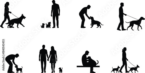 Diverse collection of pet owners and dogs silhouettes, featuring people walking, training, and interacting with various dog breeds and sizes, black flat vector illustration, cad drawing