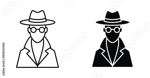 Spy agent icon set. Spy agent vector symbol in black filled and outlined style.