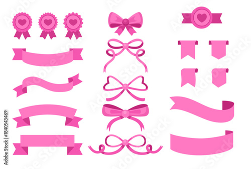 Ribbon banner. Love bow. Vintage decorative emblem for special offer and discount. Romantic heart seal, classic tape. Retro pink gift, frame, sale label. Elegant flag vector tidy ornament isolated set