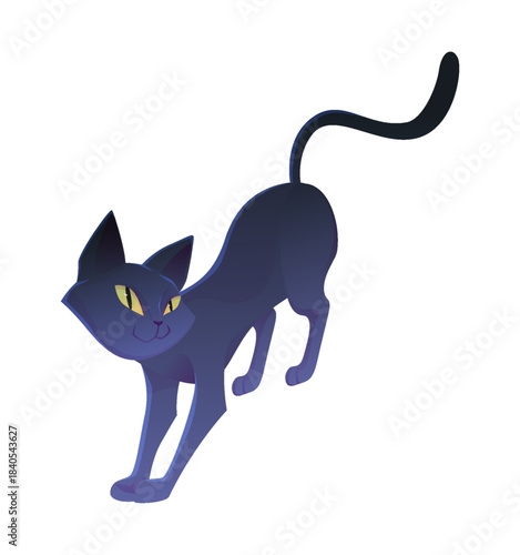 Cartoon pet. Cute black cat. Domestic animal adoption. Standing feline mammal. Witch adorable kitten portrait. Pussycat pose. Vet grooming. Stretching position. Vector isolated Halloween character
