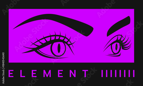 Y2k design banner. Acid graphic card. Woman face in frame. Female eyes looking. Eyelash and brows. Cyber eyesight technology. Futuristic vision. Cyberpunk character. Anime or manga neon vector element