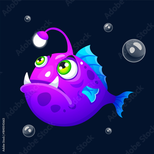 Cartoon angler fish. Underwater wildlife. Undersea animal. Ocean depth aquatic fauna. Anglerfish swimming with bubble. Saltwater inhabitant. Scary jaw teeth. Predator light. Vector marine character