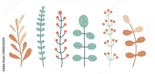 Doodle leaves. Cute tiny berries on stems and leaf. Minimal simple drawing botanical decorative elements for graphic design. Hand drawn kids floral garden. Vector cartoon flat isolated illustration