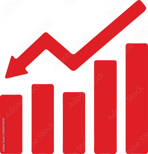 Red downward trending graph with bar chart representing financial decline or business loss isolated on white background